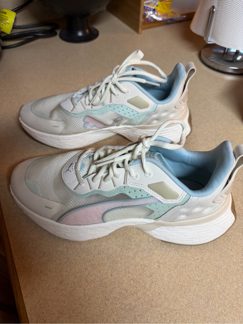 Puma Women's Cream Sneakers with Light Blue and Pale Pink Accents